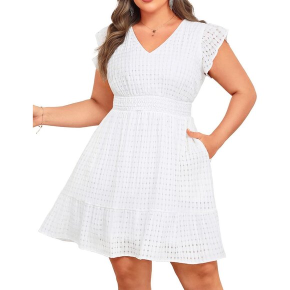 Women's Plus Size Cocktail Dress V-Neck Flutter Sleeves A-Line Pockets - Picture 1 of 6